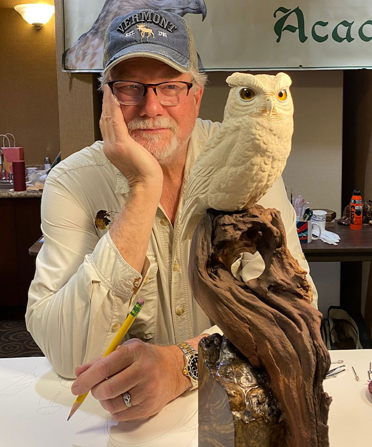 Floyd contemplates progress on a Grey Phase Screech Owl